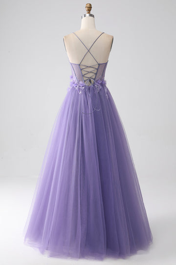 Viola A-Line Spalline sottili Corsetto Abito da ballo con fiori 3D